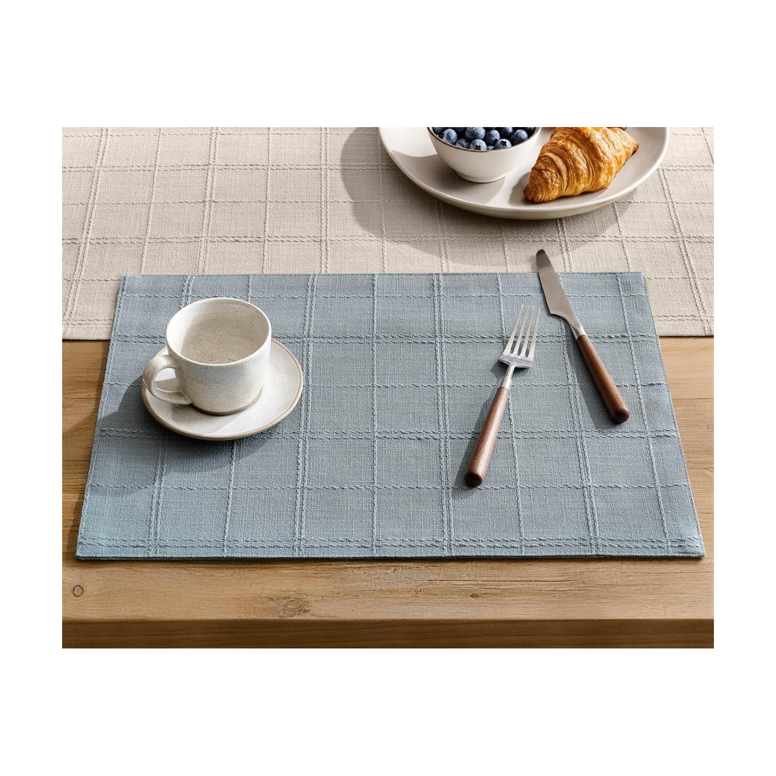 Linen Checked Farmhouse Placemats Set of 6, Chambray 13x19in | Double Layer, Reversible, Thick Textured Table Mats