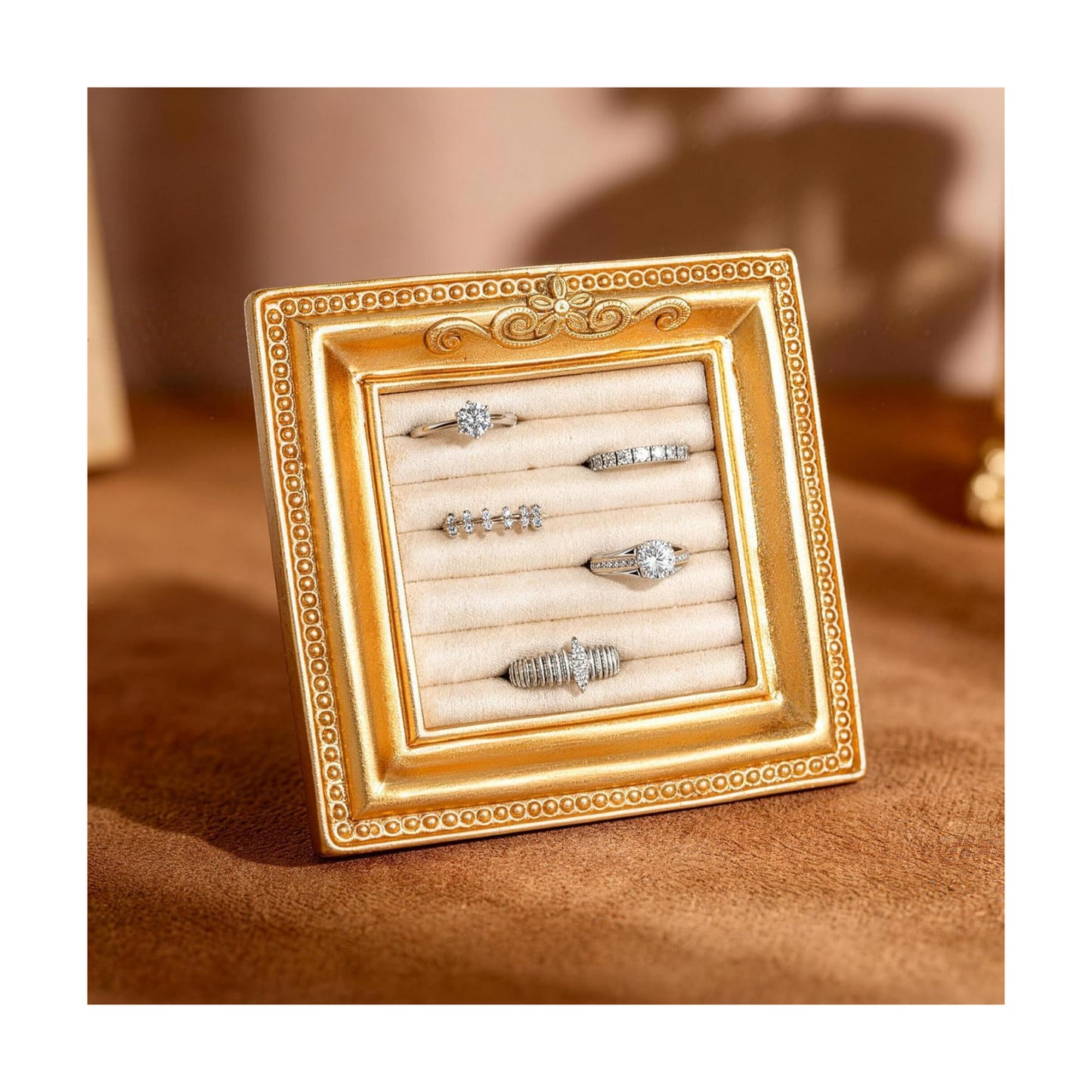 Vintage Ring Holder Rectangle Gold Velvet Display Stand / Mpf05-gold Beige
