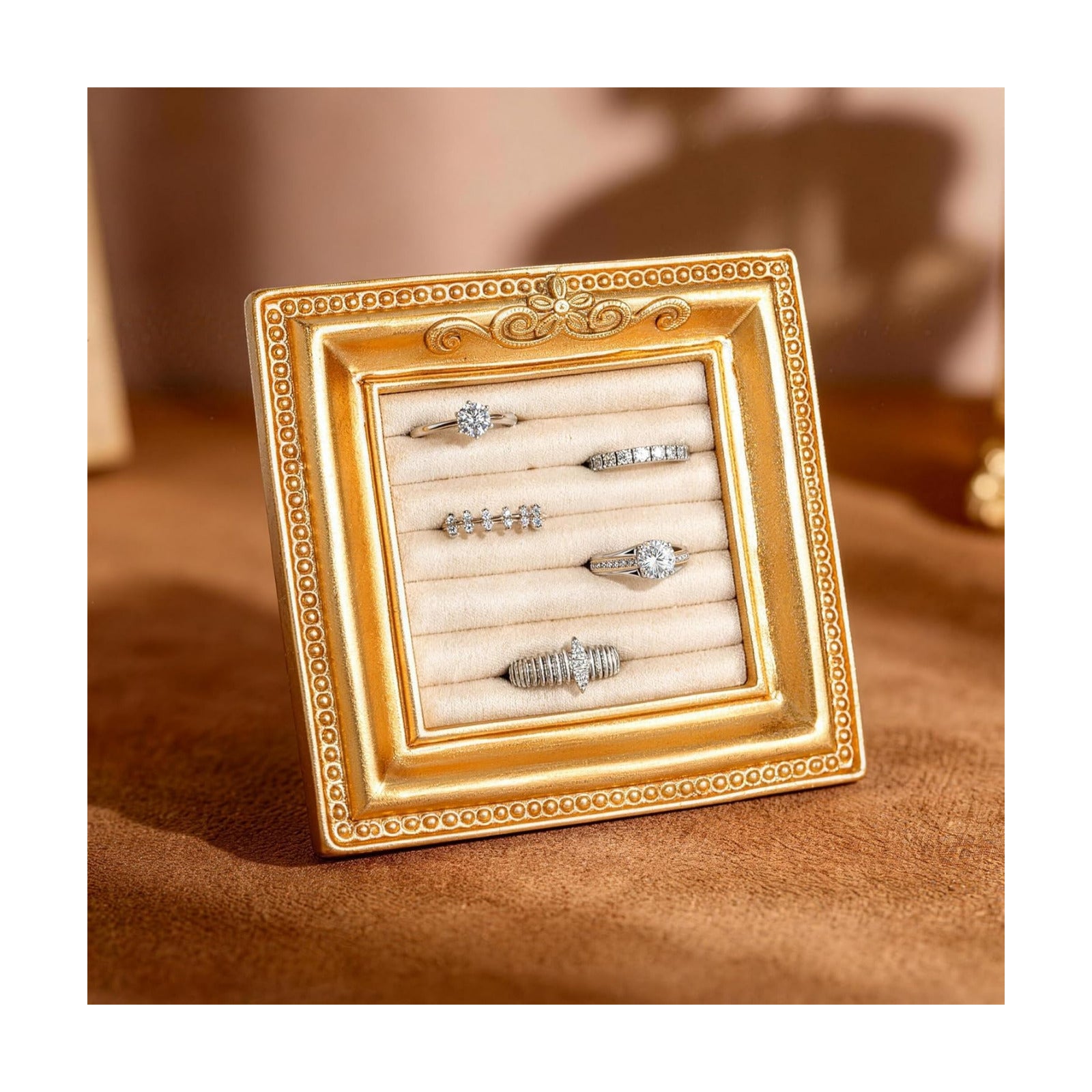 Vintage Ring Holder Rectangle Gold Velvet Display Stand / Mpf05-gold Beige