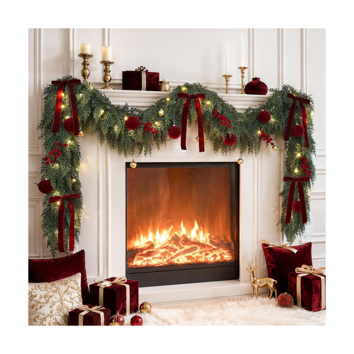 9FT Christmas Garland with Lights Ornaments Realistic Preit Cedar Garland