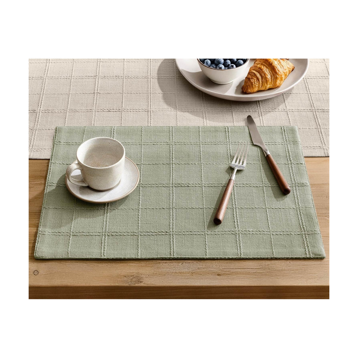 Linen Checked Farmhouse Placemats Set of 6, Seeding Green 13x19in | Double Layer, Reversible, Thick Textured Table