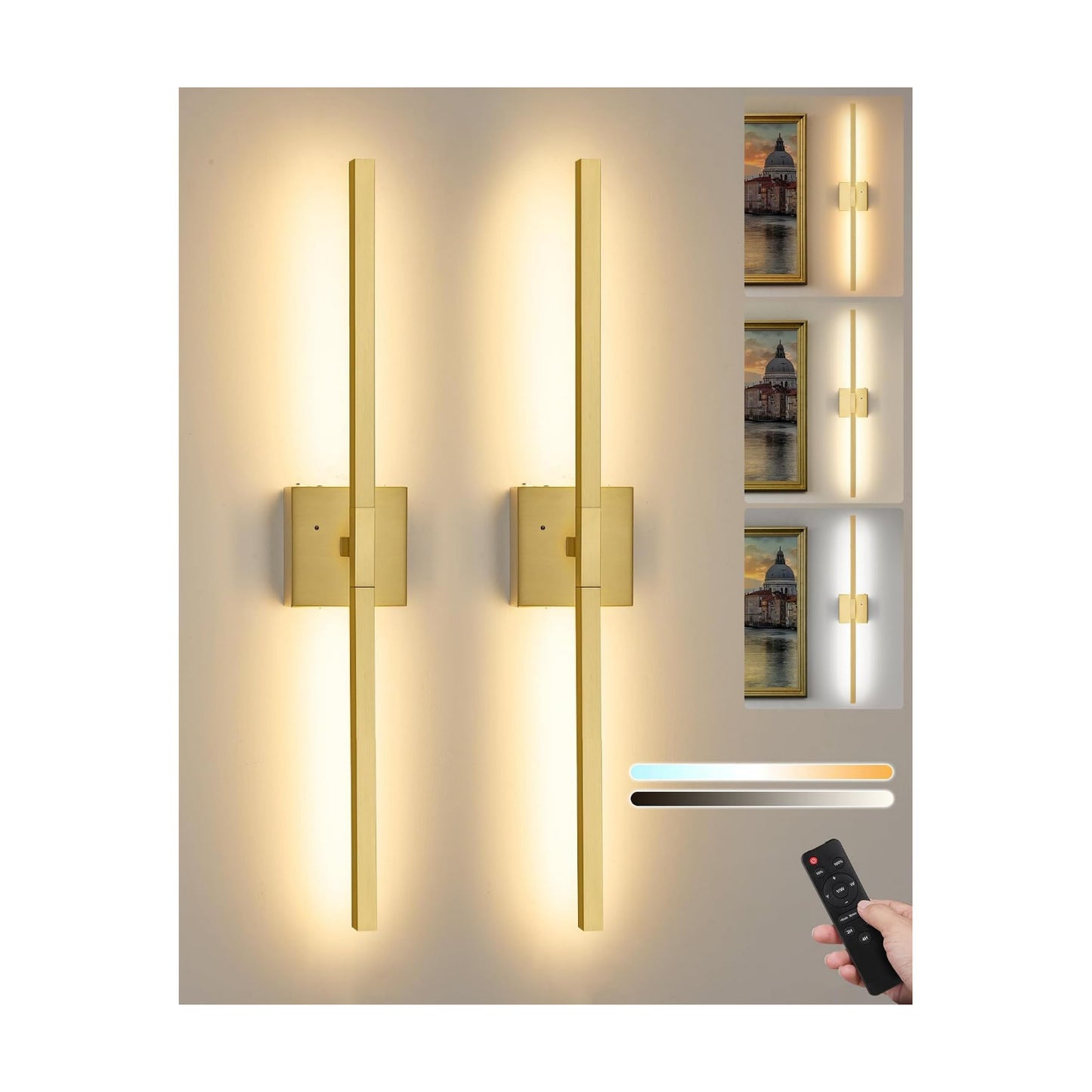 Rayogale Gold Battery Operated Wall Sconce with Remote Control 36 Inch | 3000/4500/6000K Dimmable 8000mAh Wireless