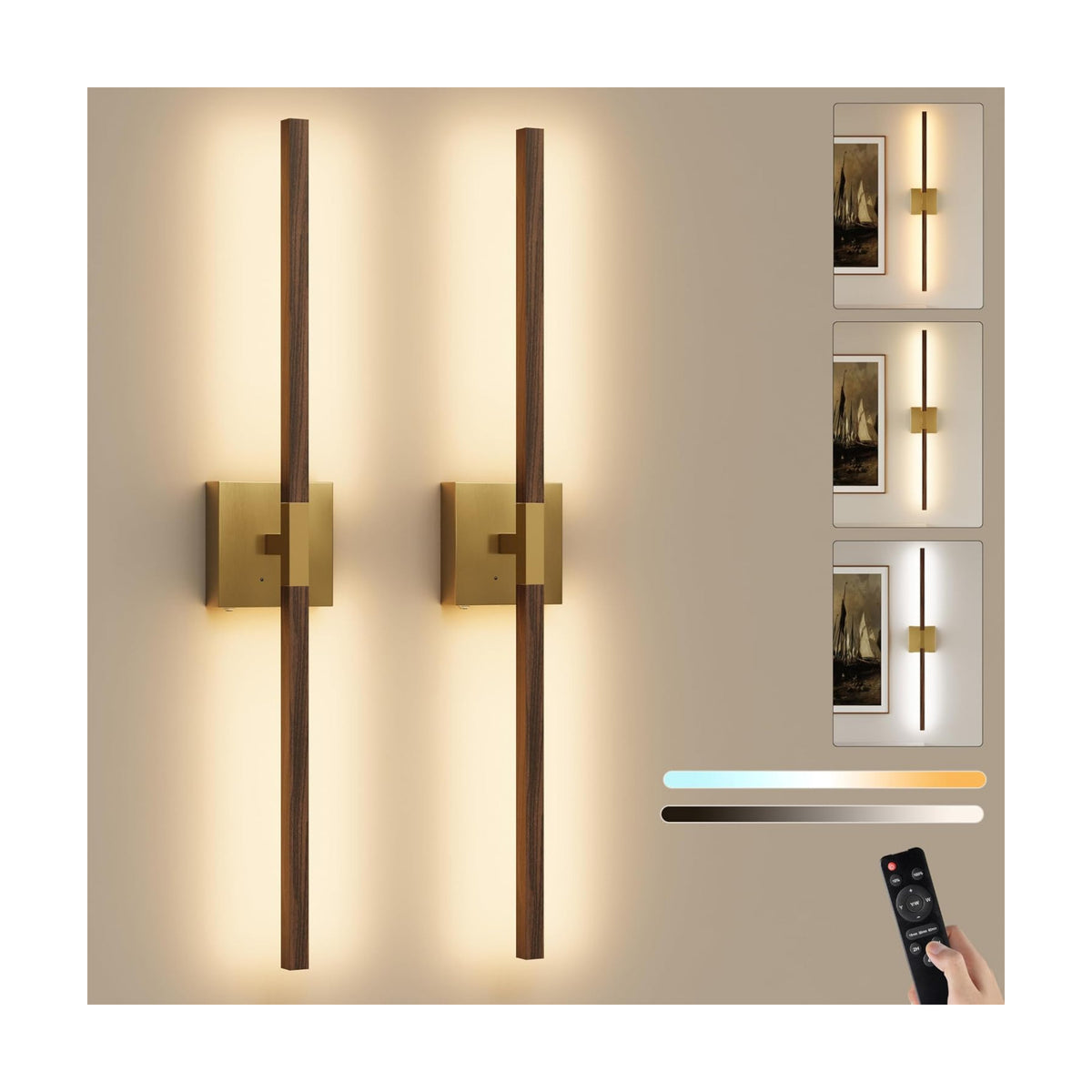 Rayogale Gold & Walnut Battery Operated Wall Sconce with Remote Control | 3000K-6000K Dimmable 8000mAh Wireless