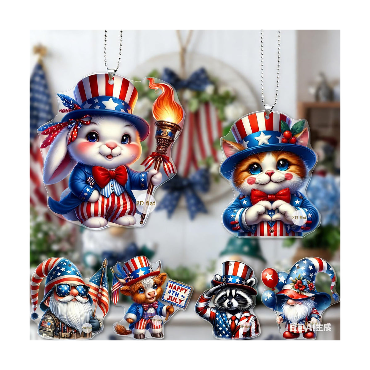 6 Pcs 4th of July Hanging Ornaments 2D Acrylic Independence Day Tree Decorations Cute Cartoon Animal Hanging Tree Ornament with Ropes 250th Anniversary Hanging Pendant for Holiday Party Supplies