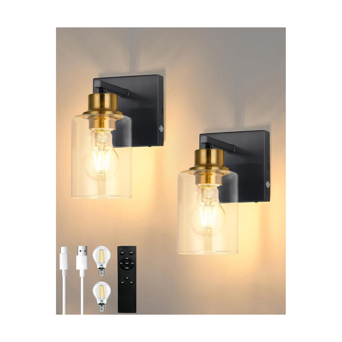 Wireless Battery Operated Wall Sconce Set of Two with Remote Control | Black & Gold Dimmable Rechargeable Wall Lights