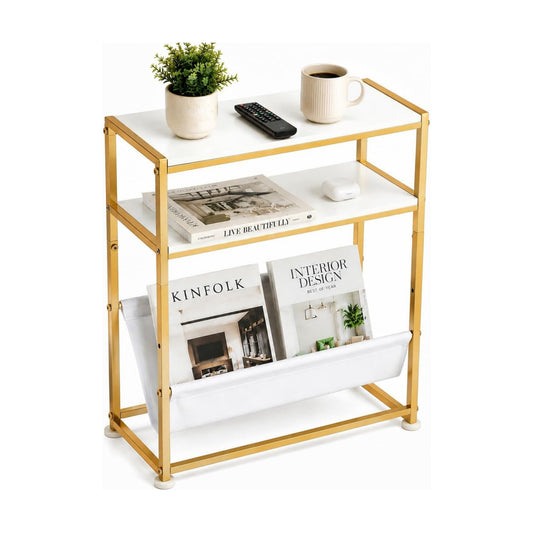 Narrow End Table for Small Spaces - Slim Side Table with Magazine Holder,2 in 1 Design Narrow Coffee Table Living
