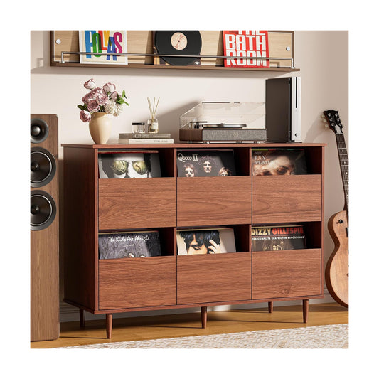 BROTTAR 47.2" Large Record Player Stand, Vinyl Record Storage Cabinet,Brown | Fit 7“/10"/12" Vinyl Record, Mid Century