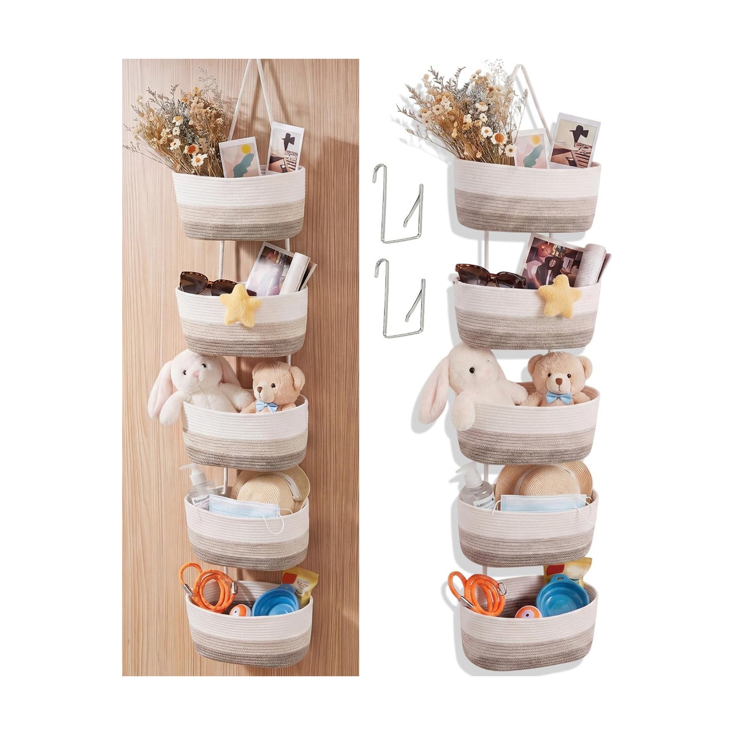 5 Tier Over The Door Hanging Basket Boho Woven Cotton Wall Mounted Storage Organizer Bag / Brown