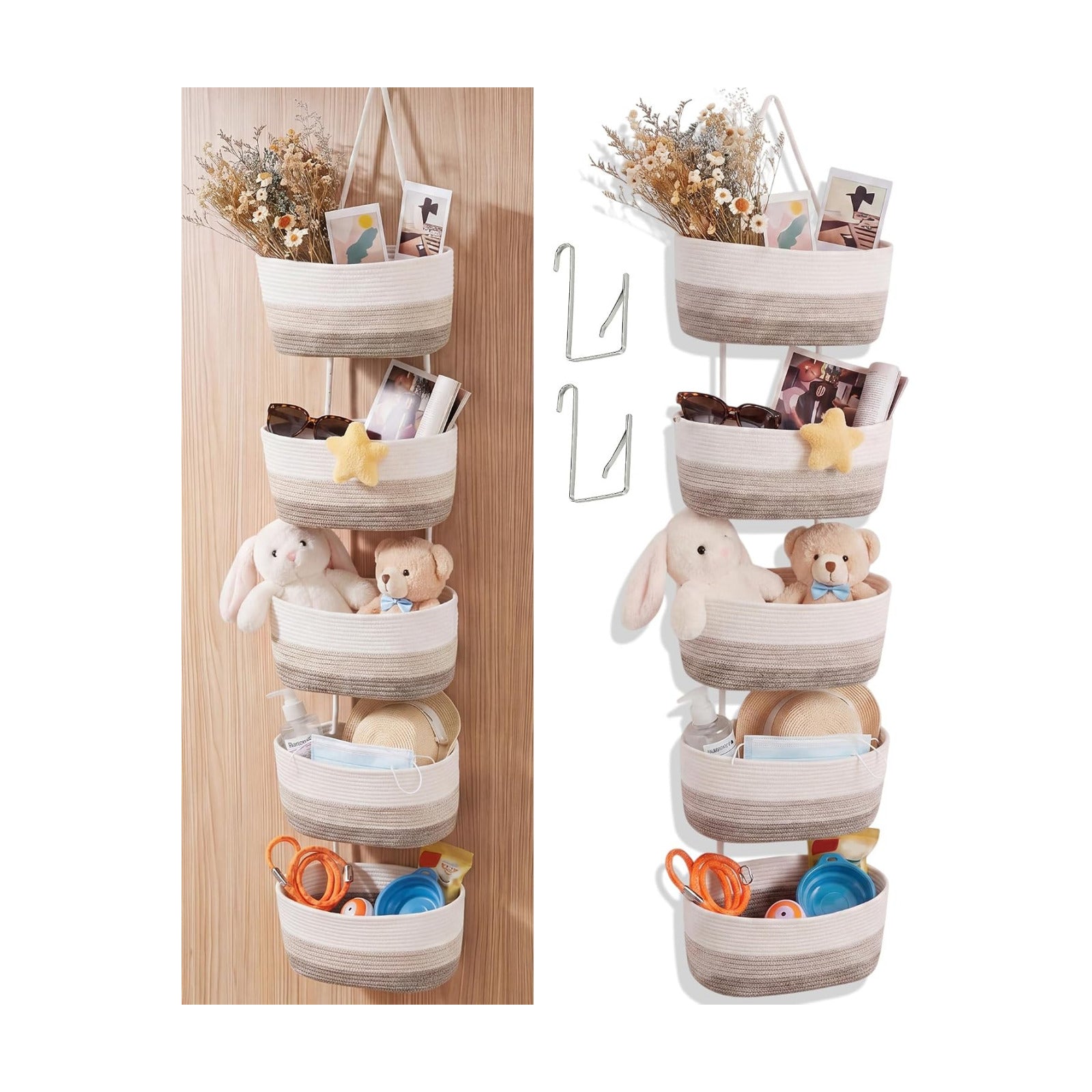 5 Tier Over The Door Hanging Basket Boho Woven Cotton Wall Mounted Storage Organizer Bag / Brown