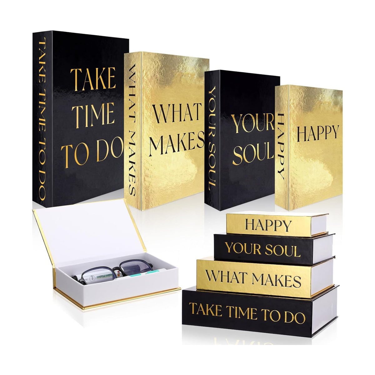 Sabary Set of 4 Decorative Books Boxes Faux Books Stacked for Coffee Tables Modern Home Bookshelves DIY Crafts Decor (Black and Gold,Inspirational Themes)