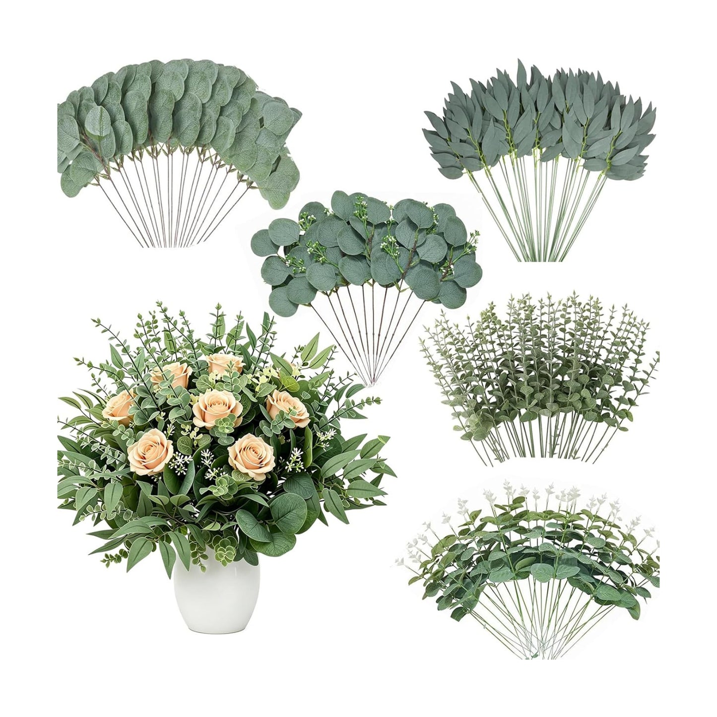 Artificial Mixed Eucalyptus Stems Leaves Bulk / Silver / Set of 100