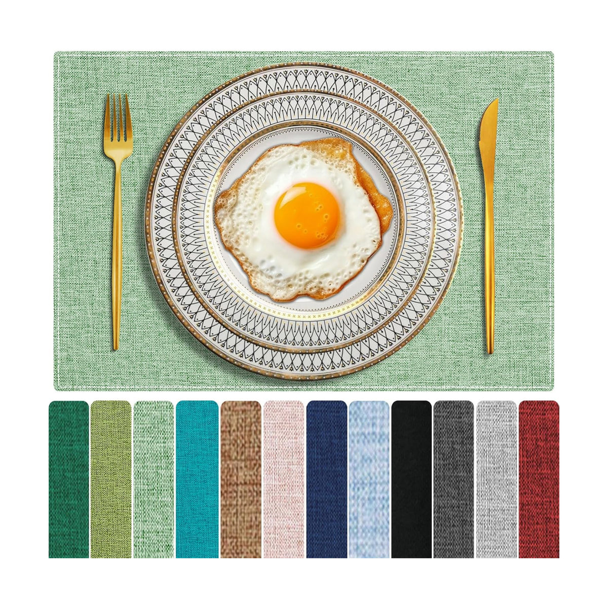 Cloth Placemats Set of 6, Cotton Linen Blend Place Mats, Light Green | Machine Washable, Double Layered, Heat