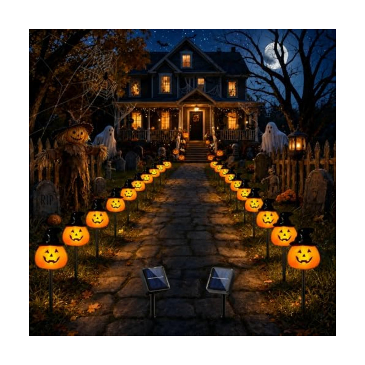BRIGHTDECK Halloween Solar Pathway Lights Outdoor, LED Decor, Light Up Solar Stake Lights for Holiday, Halloween, Walkway, Sidewalk (Hat Pumpkin, 20-Pack)