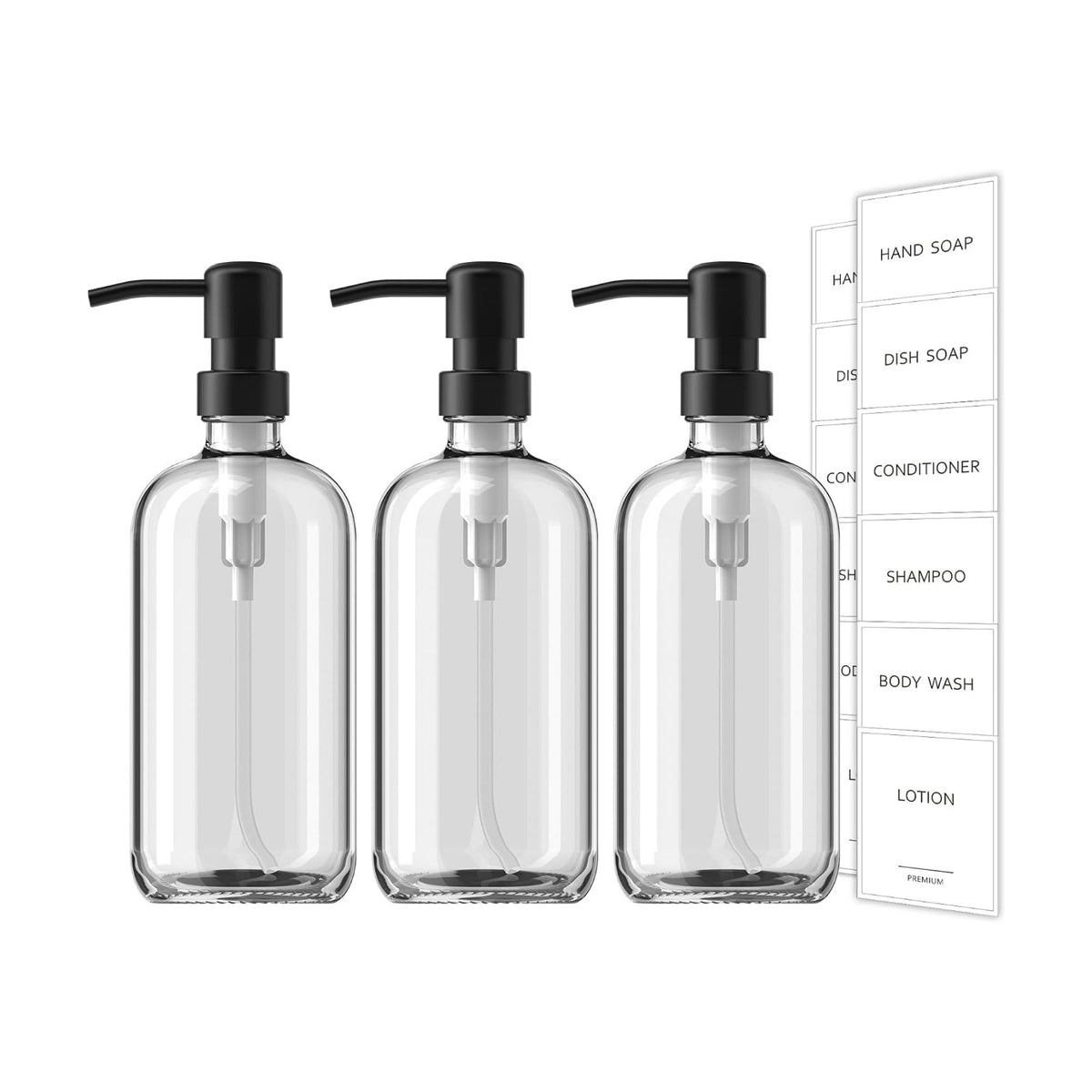 GMISUN Shampoo and Conditioner Dispenser, 3 Pack Clear Glass Bathroom Shampoo Conditioner Body Wash Dispenser with Pump