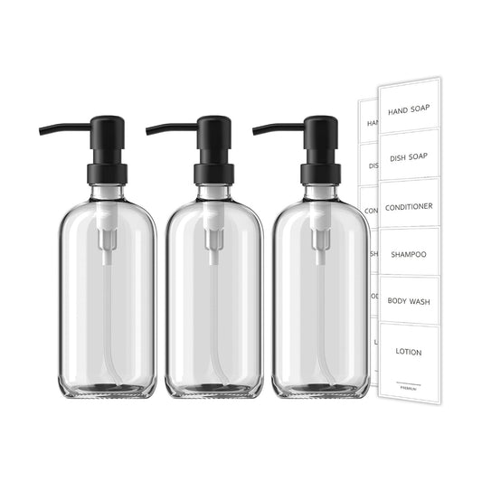 GMISUN Shampoo and Conditioner Dispenser, 3 Pack Clear Glass Bathroom Shampoo Conditioner Body Wash Dispenser with Pump
