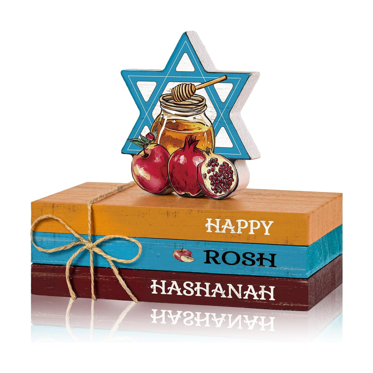 Smile Rosh Hashanah Wooden Faux Book Stack Decor for Jewish New Year