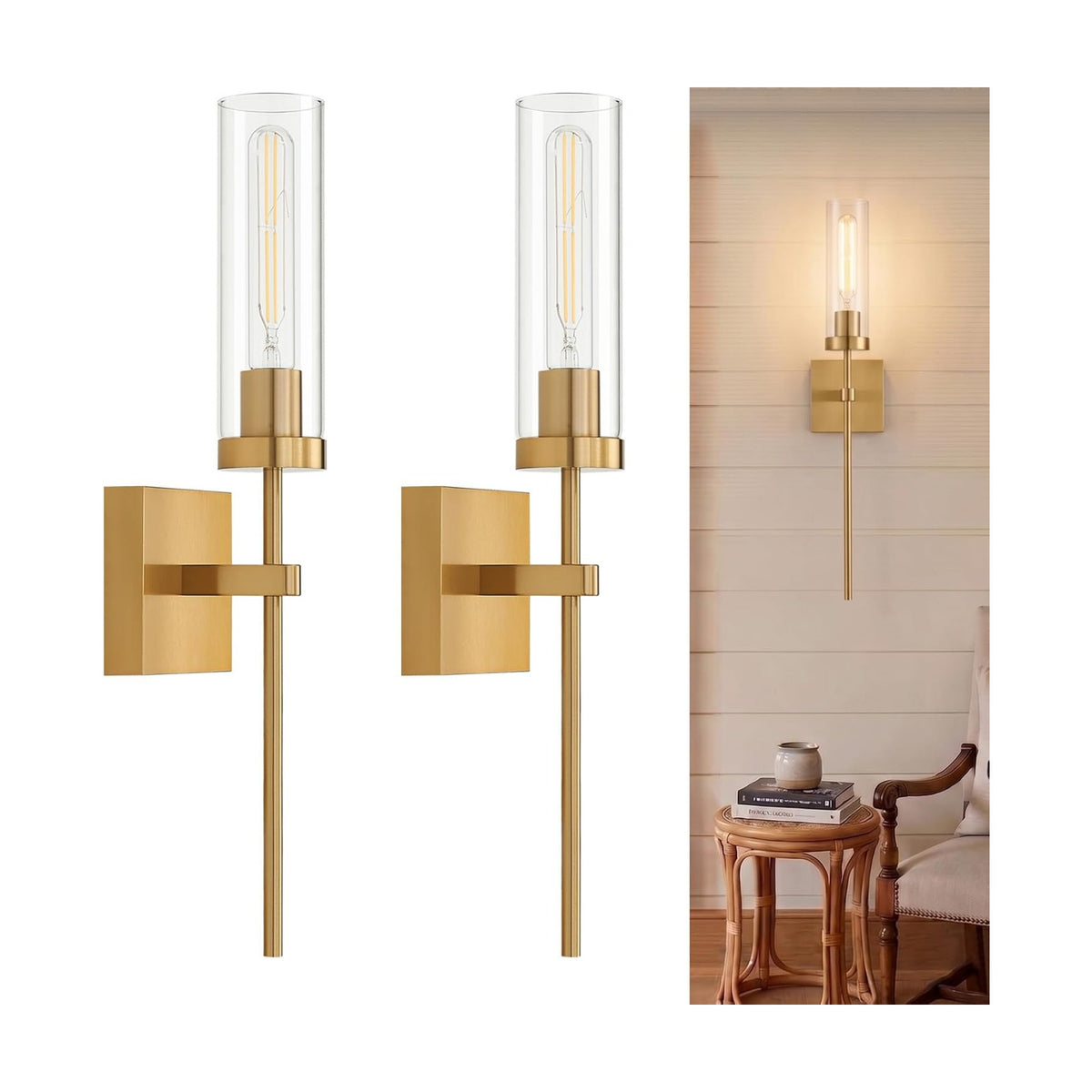 Wireless Wall Sconces with Remote Control, Brushed Gold Battery Operated Wall Sconce Set of 2, Dimmable Rechargeable