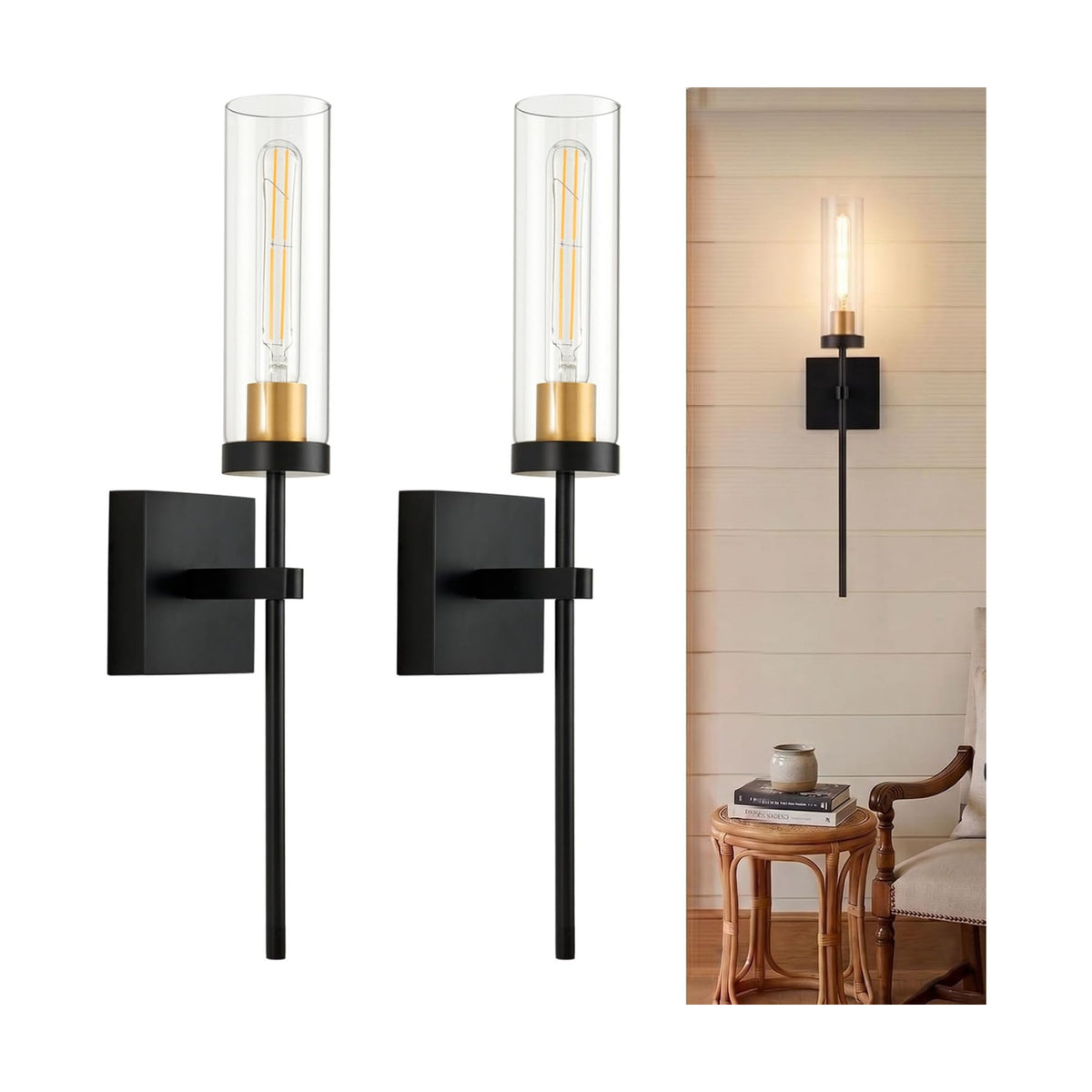 Battery Operated Wall Sconce Set of 2, Black & Gold Wireless Sconces Wall Decor, Rechargeable Wall Lights for Bedroom