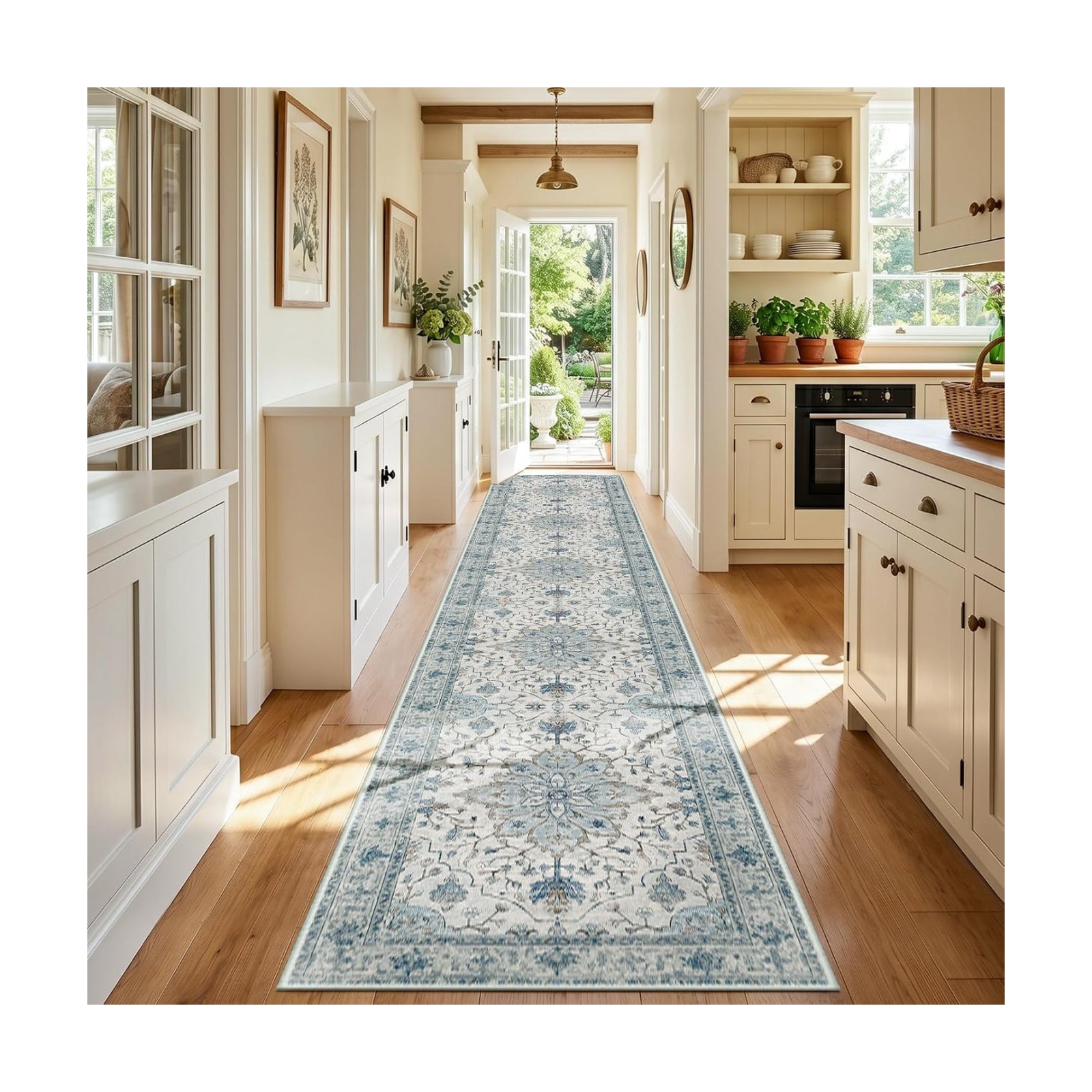 RELEANY Washable Area Rug, Runner 3'x20', Blue/White/Gray