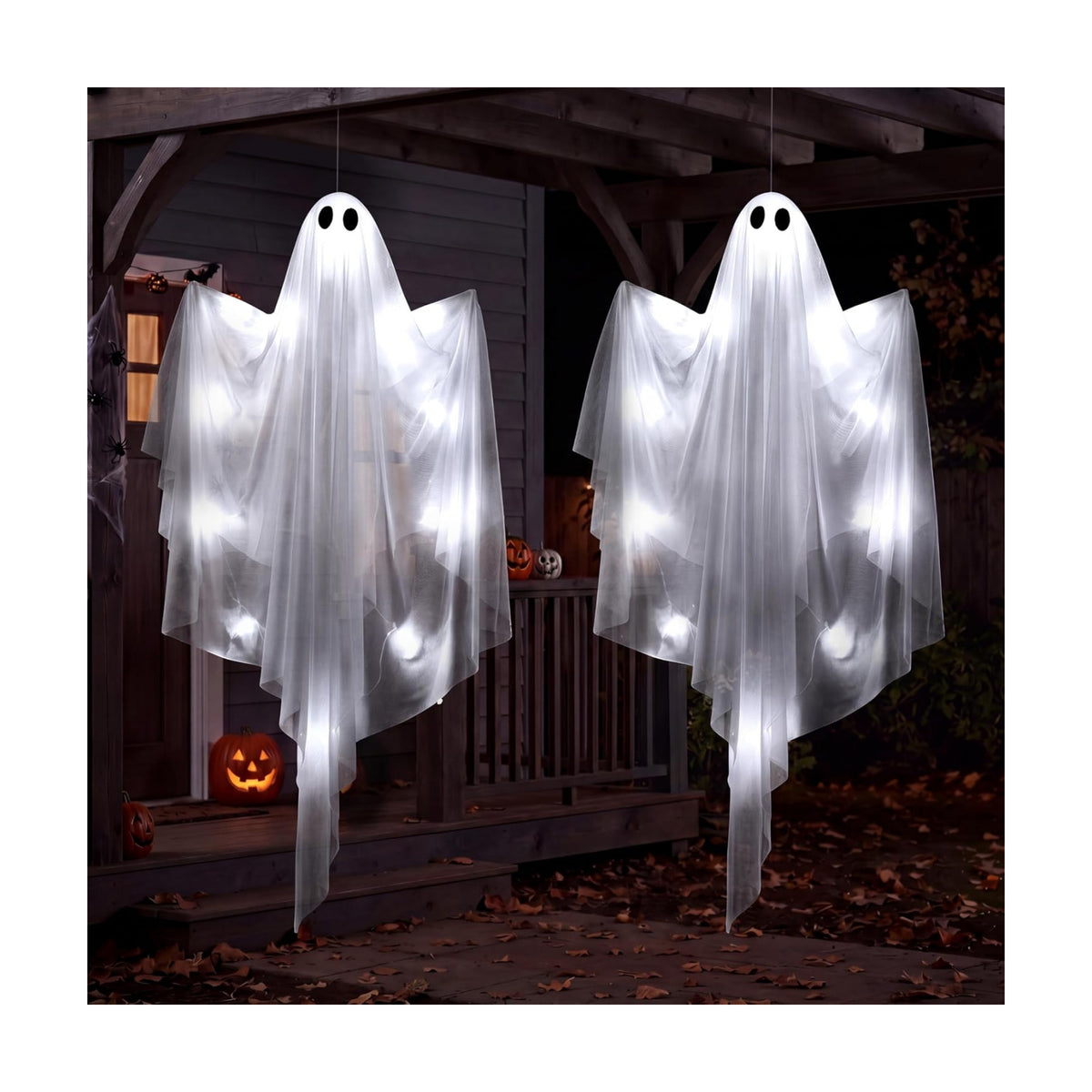 JOYIN 2 Pcs 47” Halloween Light up Hanging Ghost Decorations Outdoor, Cold White Flying Lighted Ghosts with Timer for Haunted House Prop, Front Yard Patio Party Decor Indoor Outside