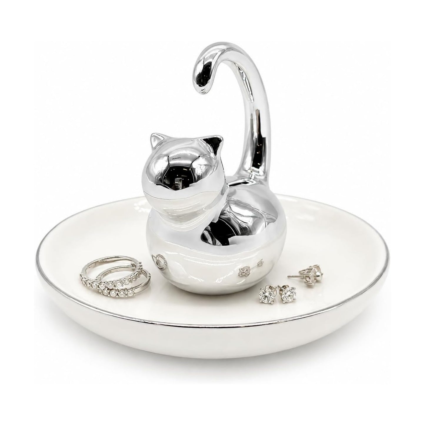 Cat Ring Holder Jewelry Dish- & Silver Ceramic Trinket Tray / Fat Cat / White