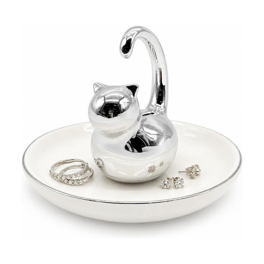 Cat Ring Holder Jewelry Dish- & Silver Ceramic Trinket Tray / Fat Cat / White