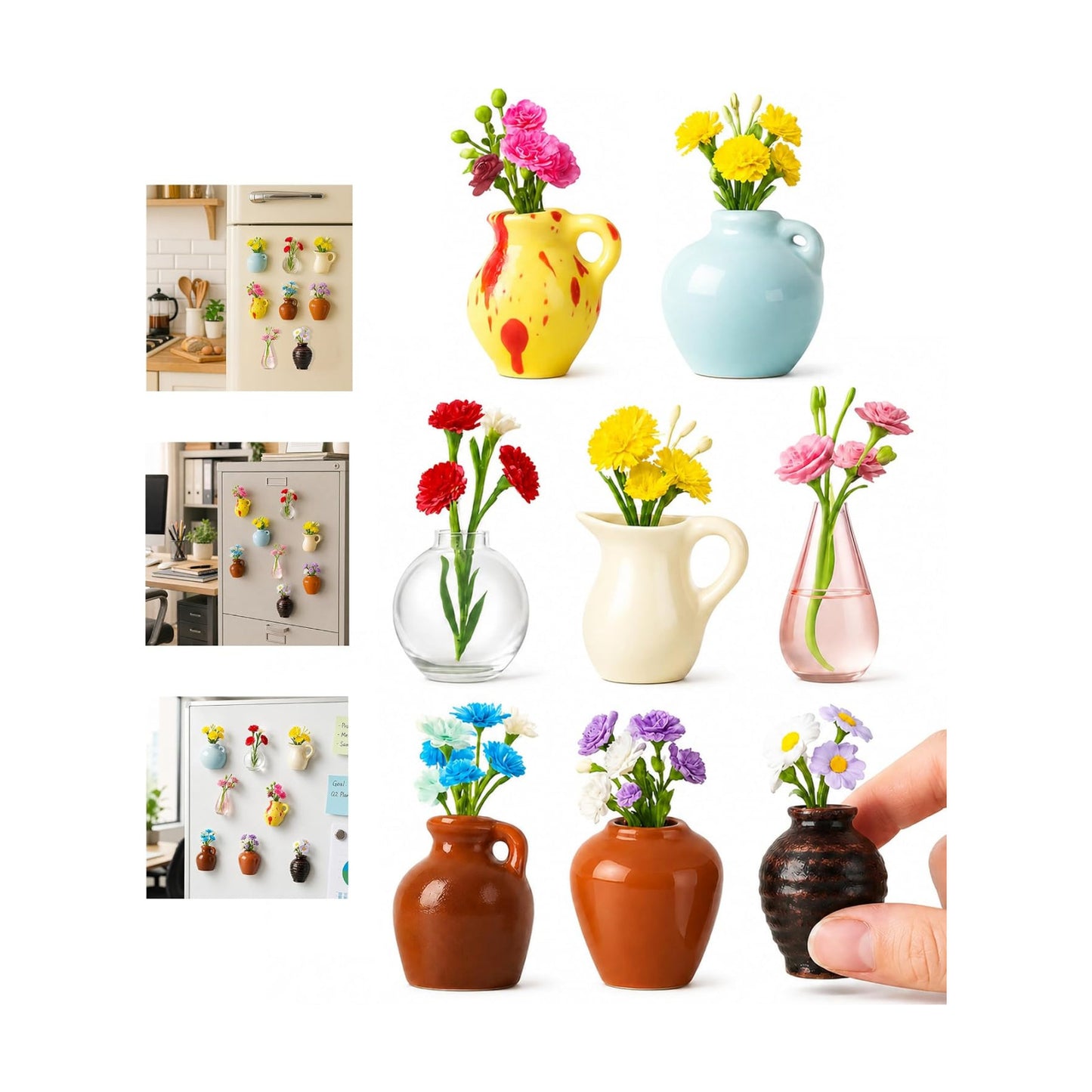 Artificial Flowers / Mini Vase Magnets for Fridge / Multy Color / White / Set of 8
