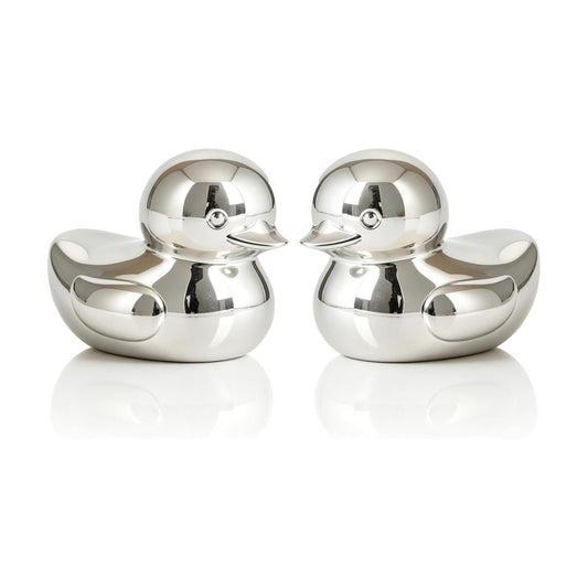 Duck Figurines / Small Solid Resin Paperweight & Decorative Statue / Silver / 3 Inch / Set of 2