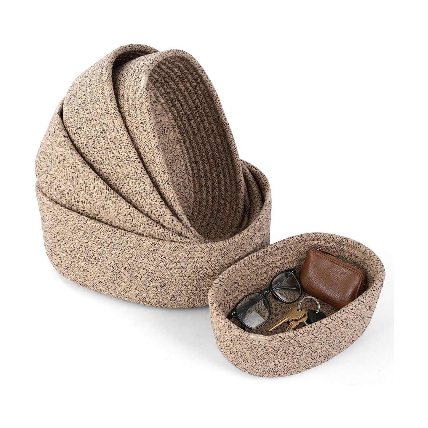 Small to Large Graduated Size Set Soft Rope Shelving Organizers Boho Home / Flax Brown / Set of 5