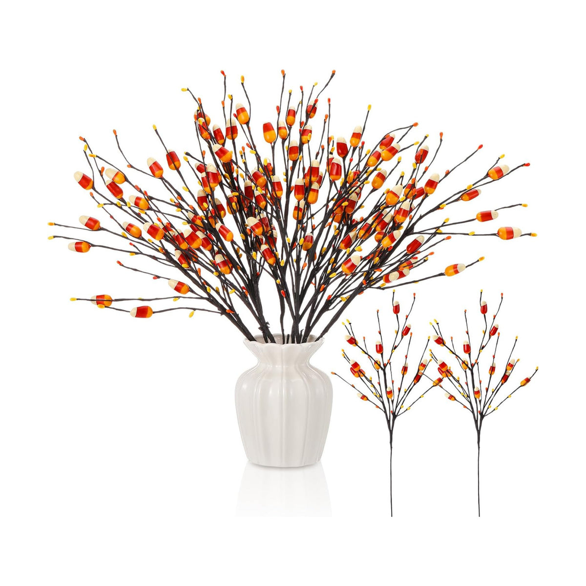 8 Pcs 20 Inch Halloween Candy Corn Artificial Stems Berry Spray with Fake Candies for Halloween Party Spooky Decoration, Faux Twigs and Branches for Vases Arrangement for Fall Season