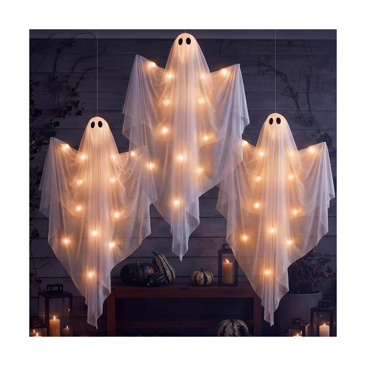 JOYIN 3Pcs 35” Light Up Halloween Decorations Outdoor, Tree Hanging Ghosts with Warm White LED Lights and Timer for Tree Front Yard Patio Lawn Garden Party Décor and Holiday Indoor Outside Decorations