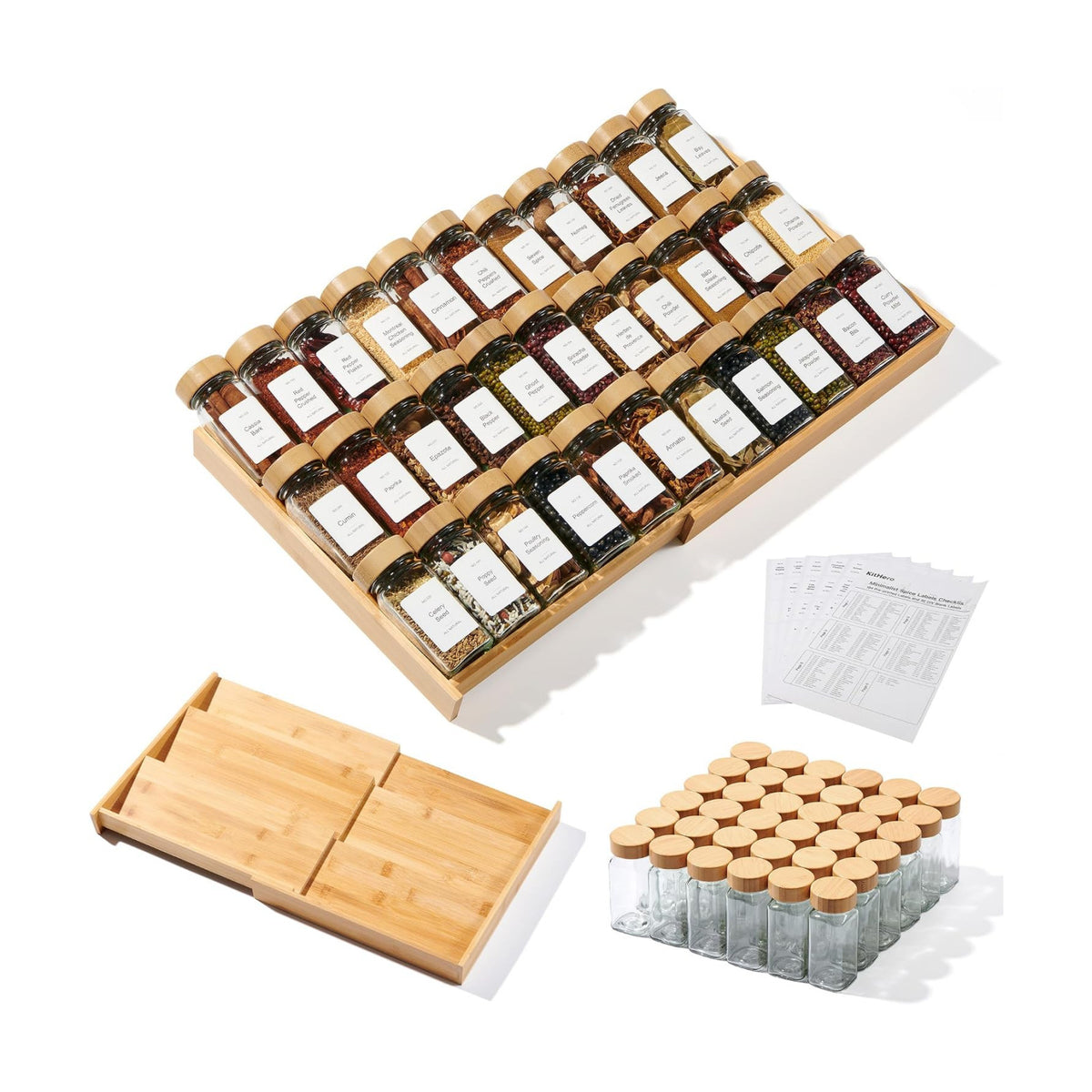 3-Tier Expandable Bamboo Spice Drawer Organizer, Adjustable Width 12" to 21", Kitchen Storage with 36 Glass Jars &