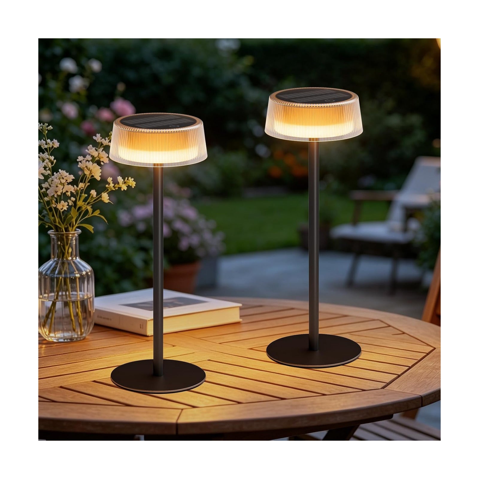 Solar Table Lamps Outdoor 2 Pack, Patio Solar Table Lights IP65 Waterproof | Cordless Rechargeable Battery Operated LED
