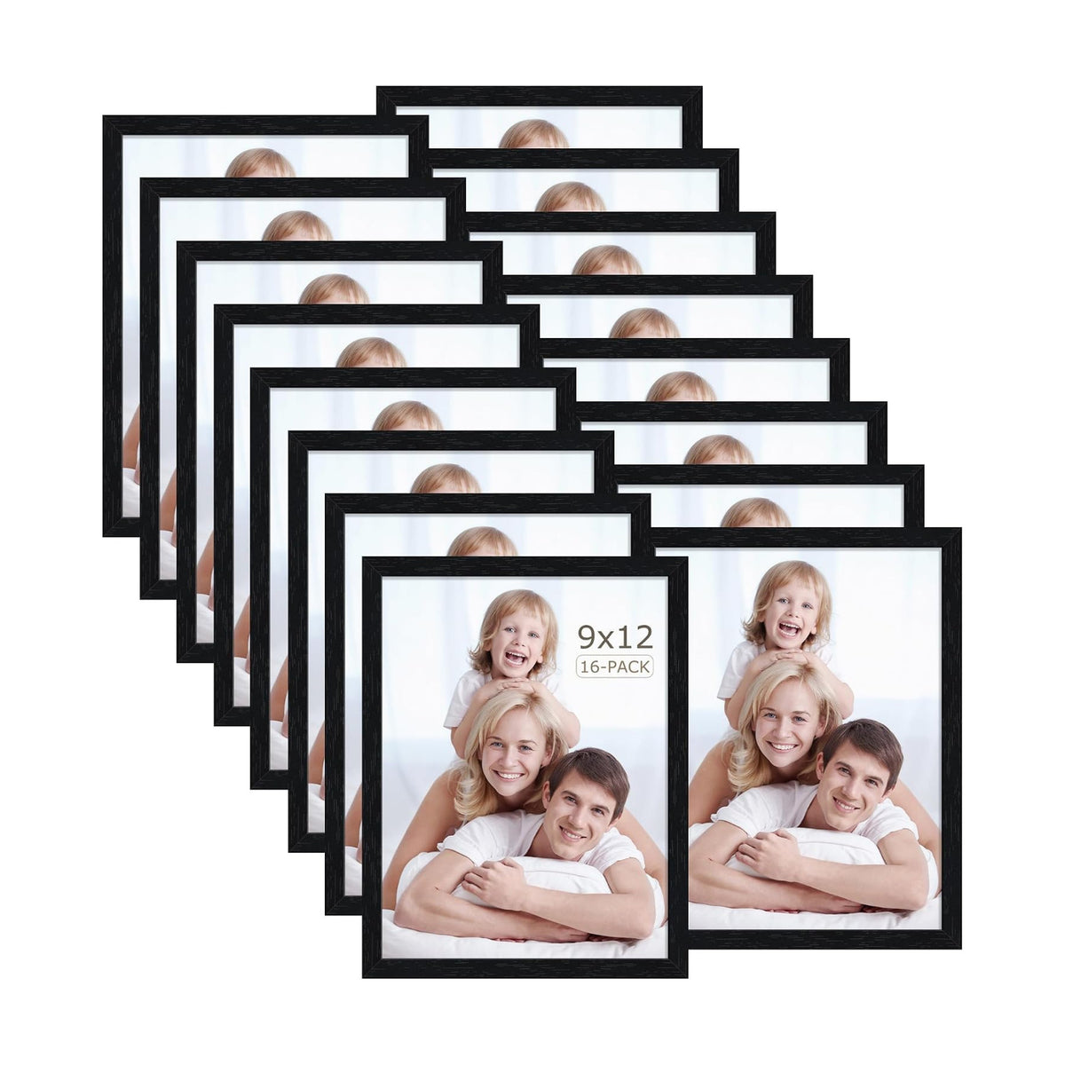 Wiscet 9x12 Picture Frame Set of 16, Black Woodgrain | Photo Frame with HD Plexiglass, for Wall or Tabletop