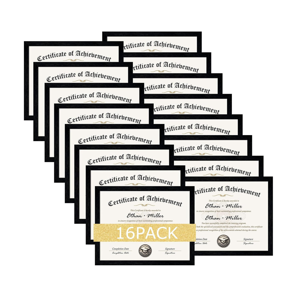 Wiscet 8.5x11 Picture Frame Set of 16, Certificate Diploma Document Frames | Black Woodgrain, for Wall or Tabletop