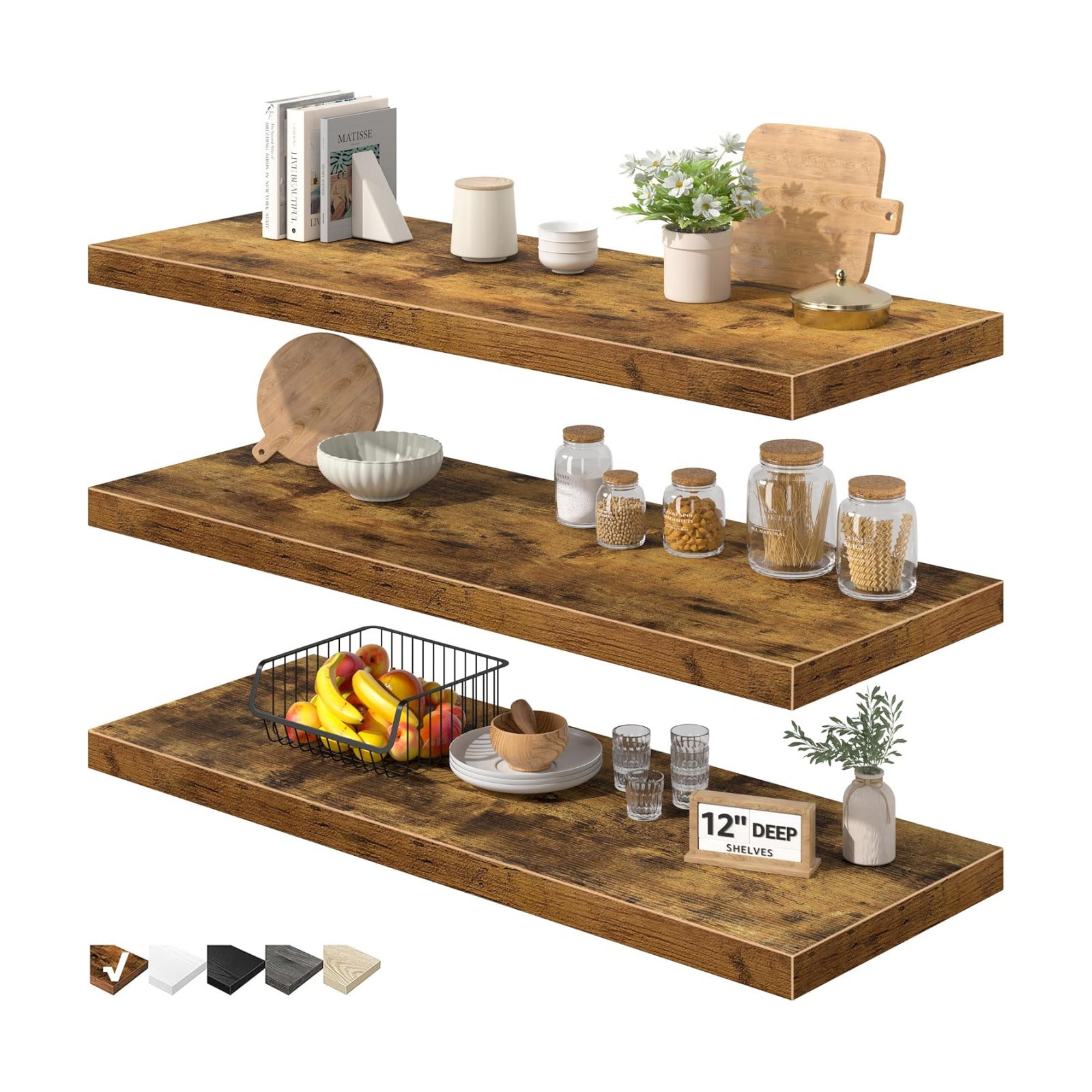 QEEIG 12" Deep Floating Shelves for Wall (Brown, Set of 3, 35.4" x 12")