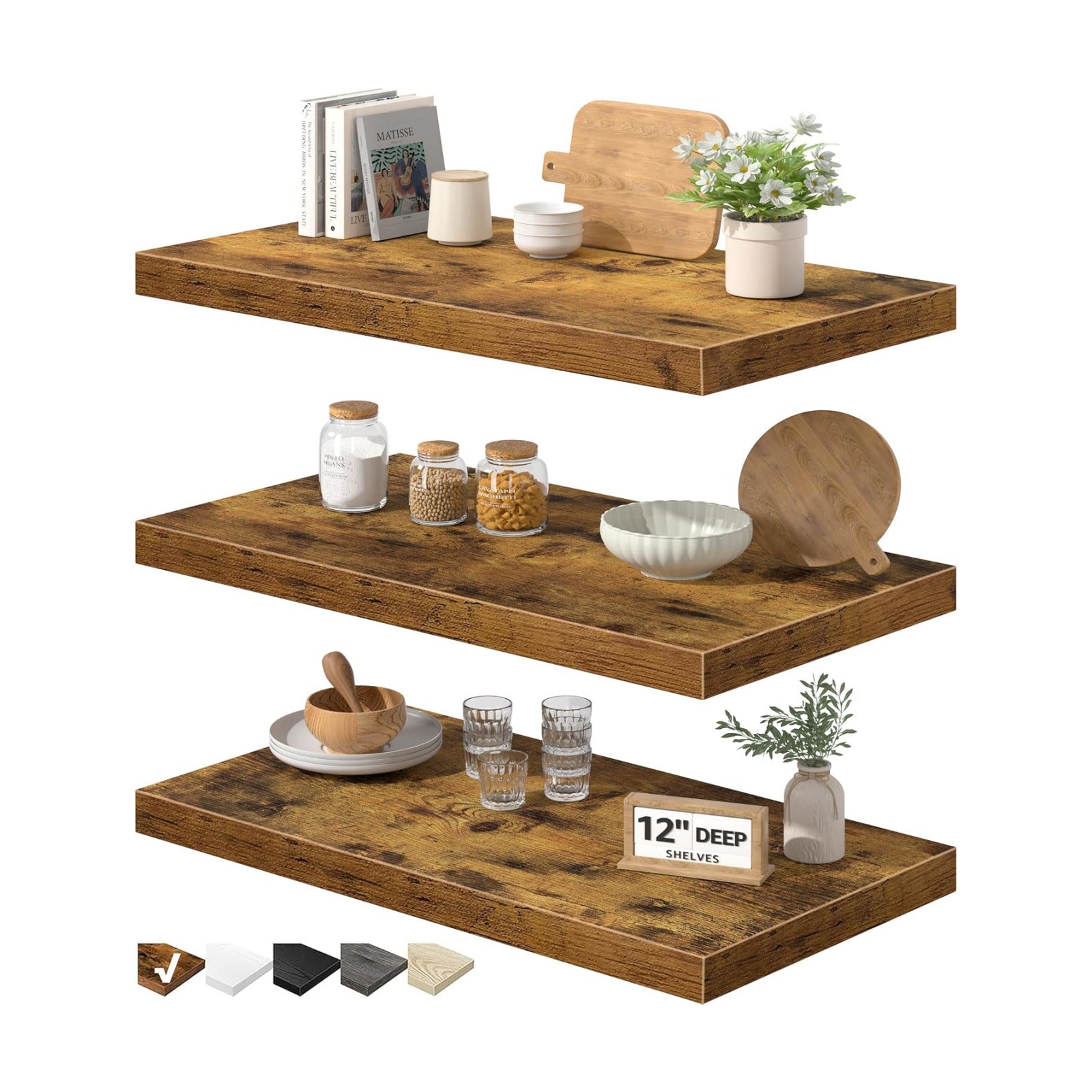 QEEIG 12" Deep Floating Shelves for Wall (Brown, Set of 3, 23.6" x 12")