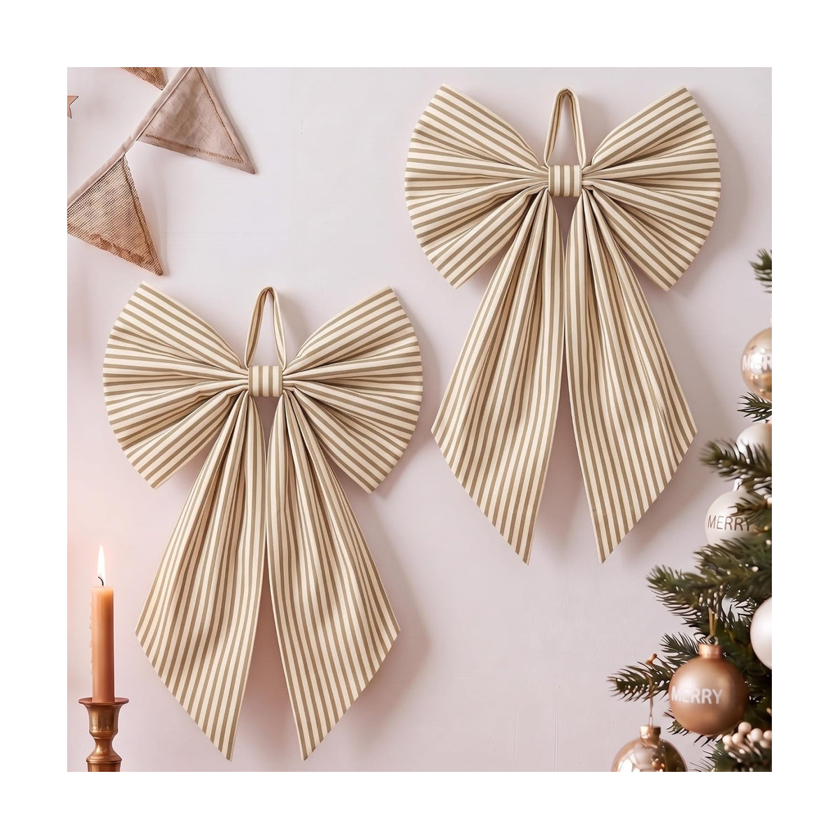 Suncalla 2 Pcs Khaki Christmas Neutral Stripe Wreath Bows 18'' x 12''