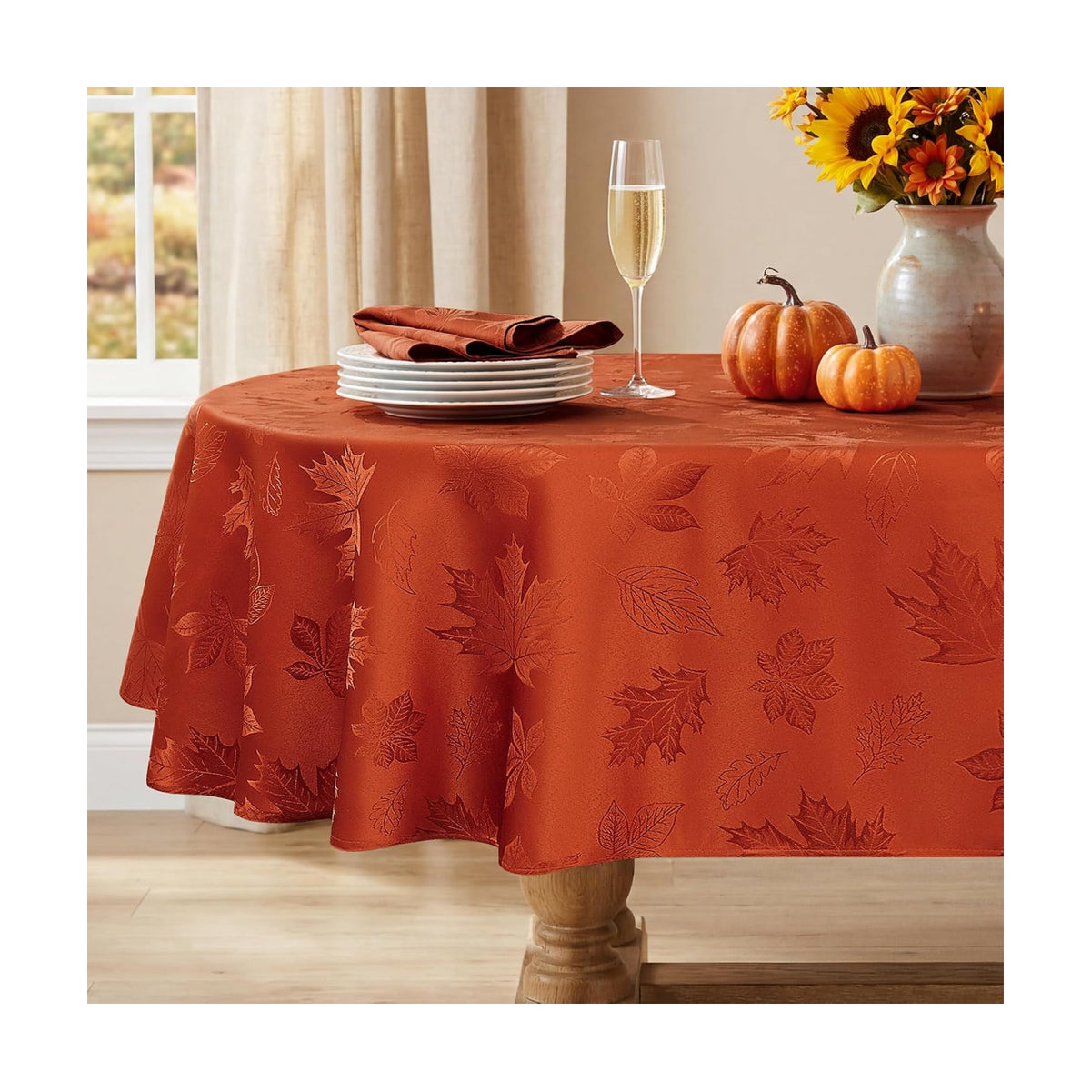 Softalker Fall Jacquard Oval Tablecloth, 60 x 84 Inch Burnt Orange