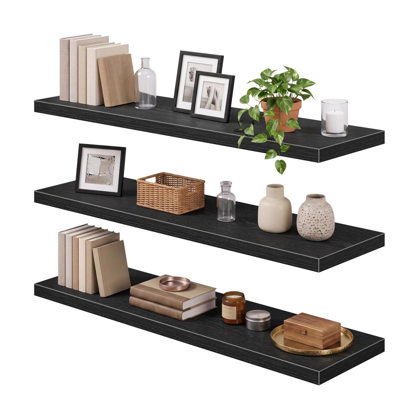 QEEIG 12" Deep Floating Shelves for Wall (Black, Set of 3, 47.2" x 12")
