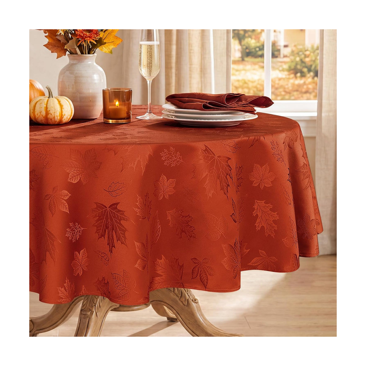 Softalker Fall Jacquard Round Tablecloth, 70 Inch Burnt Orange