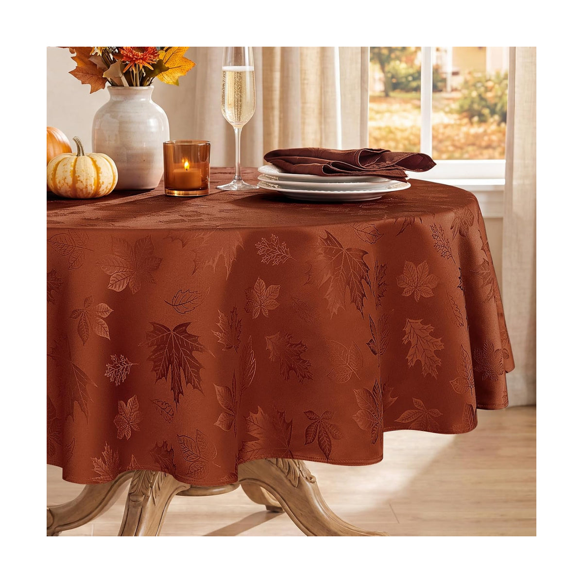 Softalker Fall Jacquard Round Tablecloth, 70 Inch Rust