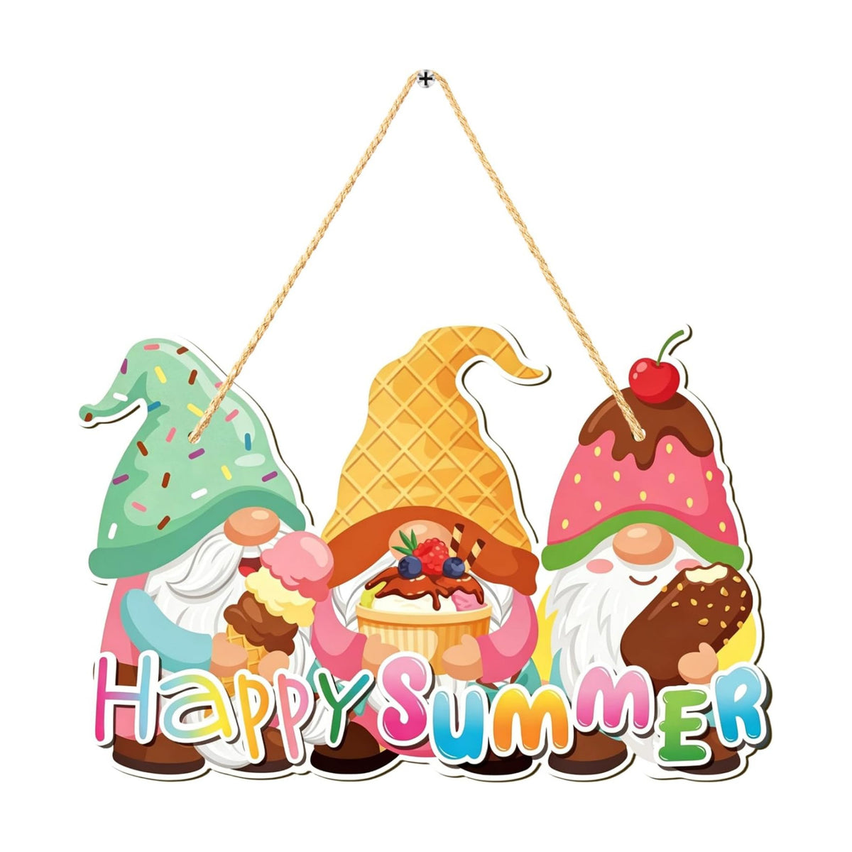 Summer Gnomes Welcome Door Sign 12" Ice Cream Gnome Wooden Hanging Sign Happy Ice CreamTropical Wall Art Decor, Farmhouse Home Door Porch Wall Decorations, Housewarming Summer Gift