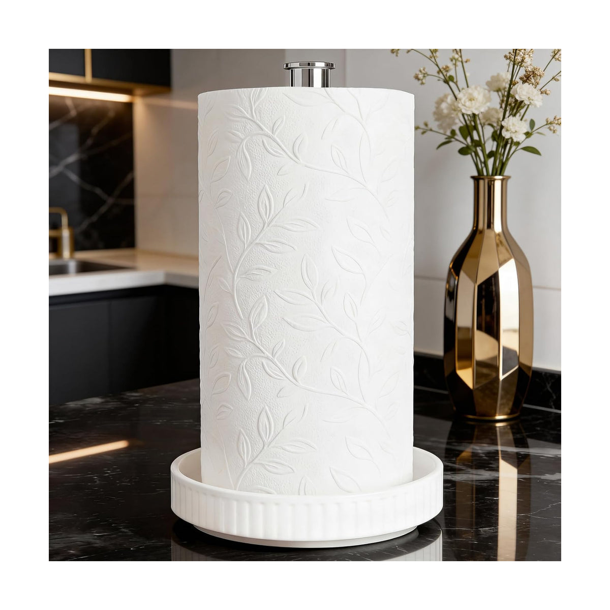 Paper Towel Holder, Ceramic Heavy Plate Base Wobble-Free, Roll Stand-Silver | Effortless Cleaning and Easy to Assemble