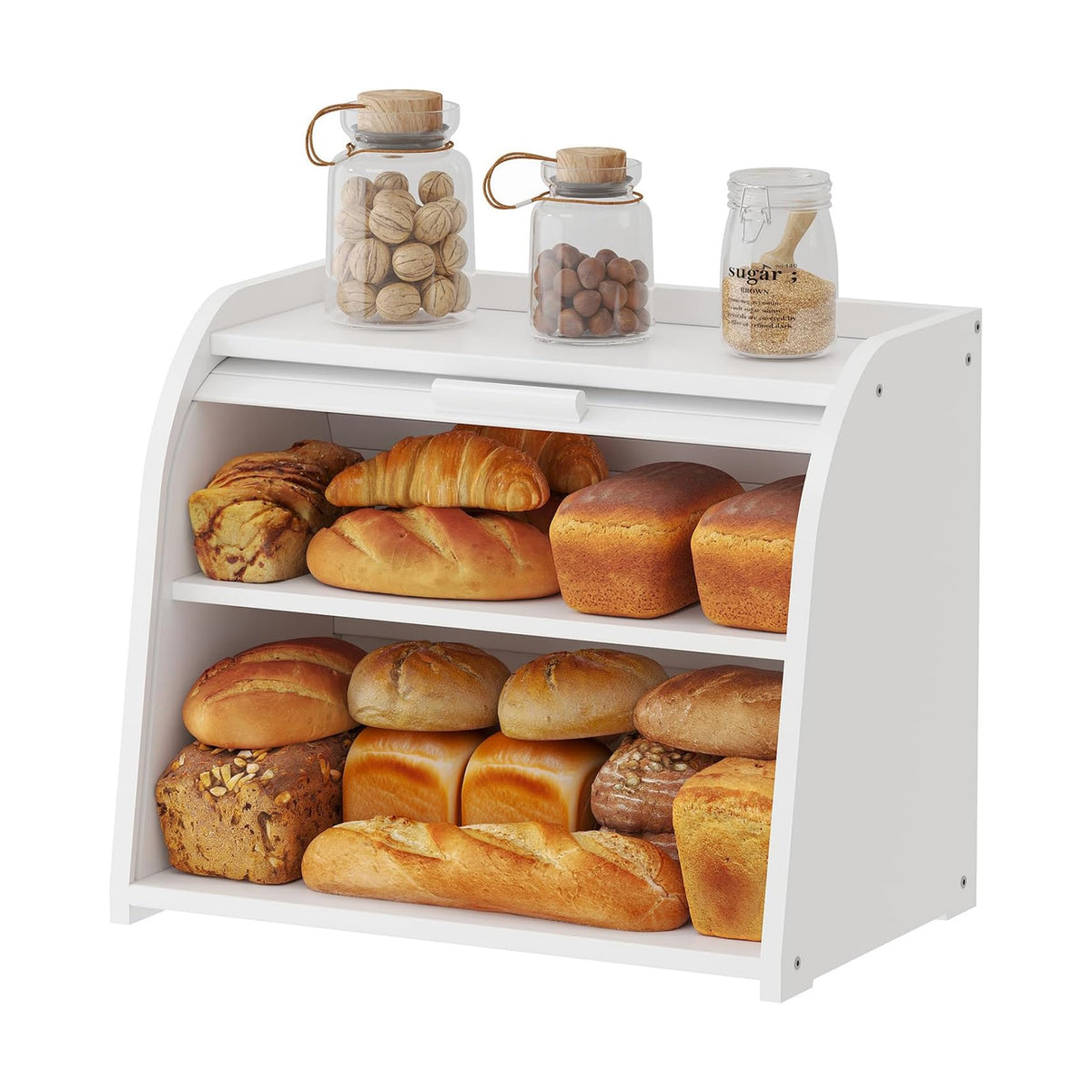 Kitsanery Bread Box for Kitchen Countertop, Bamboo Bread Storage, Double-Layer Roll-Top Bread Container, Farmhouse