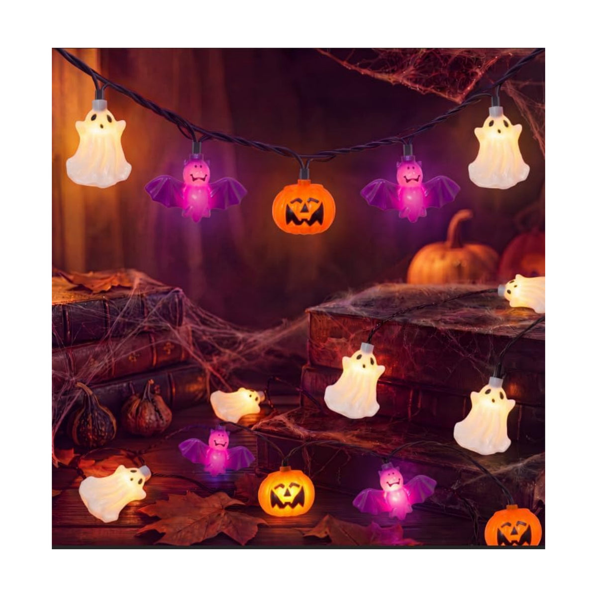 8.5FT 10 LED Halloween Pumpkin Bat Ghost String Lights Outdoor, Linkable