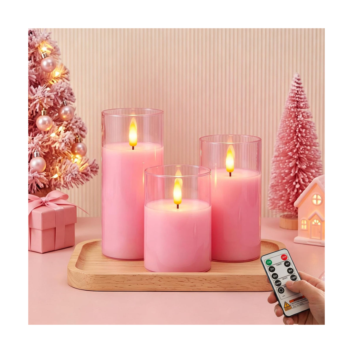 Amagic Pink Glass Flameless LED Candles Battery Operated with Remote Timer | Real Wax Pillar Electric Candle, 3D