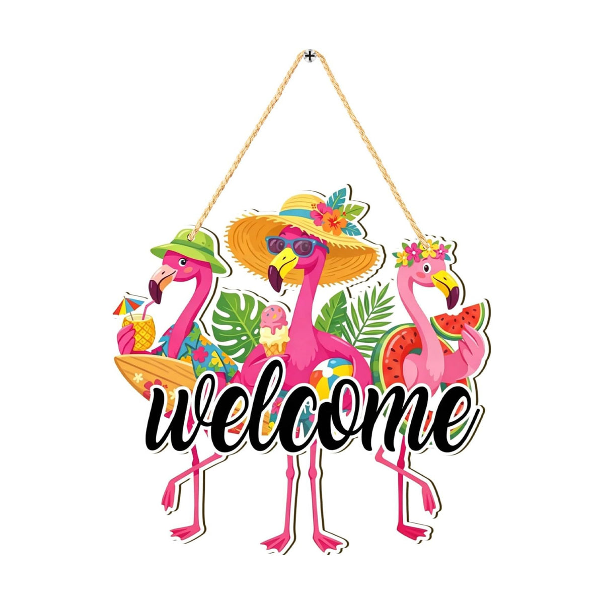 Flamingo Welcome Door Sign 12'' Summer Tropical Wooden Decor Hawaiian Flamingo Wall Art Hanging Sign Pink Flamingos Front Door Wreath for Farmhouse Home Wall Holiday Summer Decor, Housewarming Gift