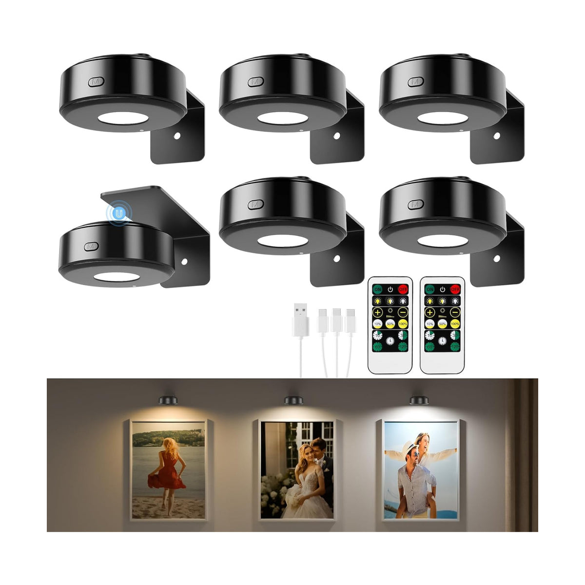 6 Pcs Picture Lights, Rechargeable Battery Operated Dimmable 3-Color Wall Light with Remote & Timer for Paintings