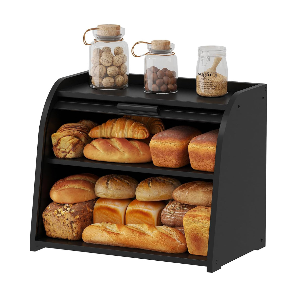Kitsanery Bread Box for Kitchen Countertop, Bamboo Bread Storage, Double-Layer Roll-Top Bread Container, Farmhouse